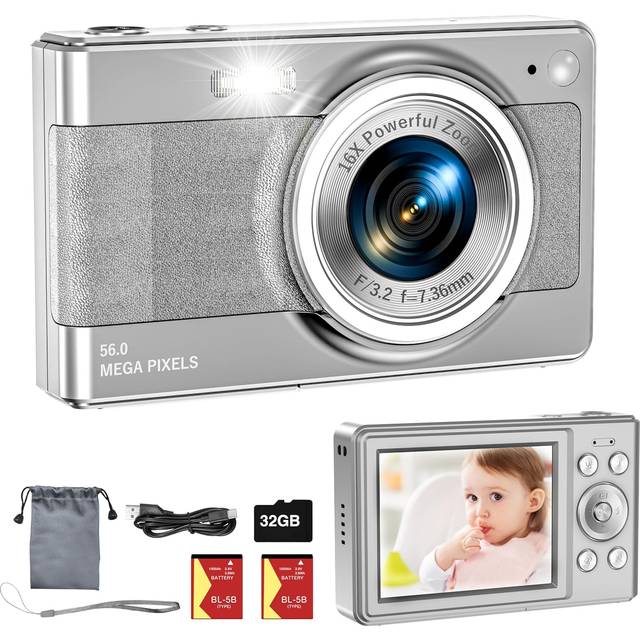 Uppgradera digitalkamera, 56 MP FHD 1080P-kamera för barn med 32 GB TF-kort, två batterier, snodd, kompakt liten kamera för barn pojkar flickor