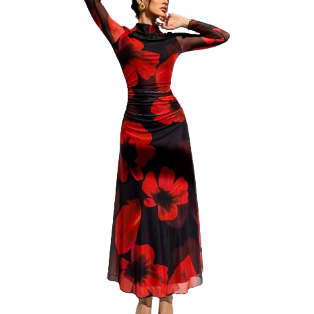 Aloruh New Autumn/Winter Red Tie Dye Floral Mesh Print Party Long Sleeve Fitted Dress For Vacation