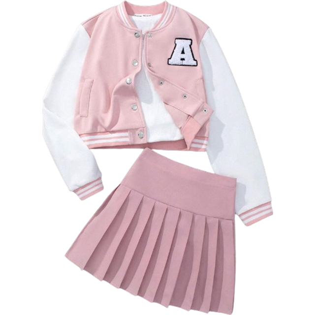SHEIN Teen Girl Baseball Jacket With Letter Embroidery And Pleated Skirt Set