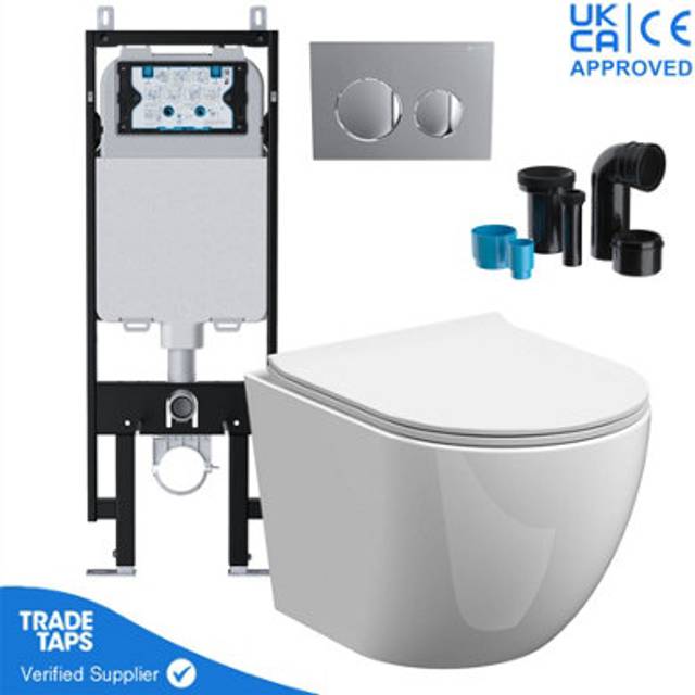 Rimless Wall Hung Toilet Pan with viva Slim Concealed Cistern Frame 1.14-1.35m & Chrome Flush Plate