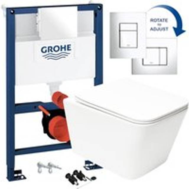 Grohe - Square Gloss White Hidden Fixation Rimless Wall Hung Toilet Pan & 0.82m Concealed wc Cistern Frame