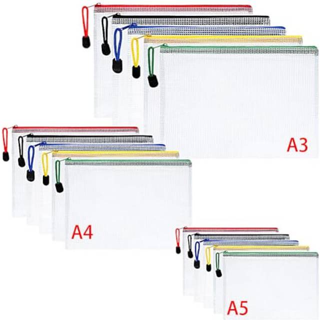 Vicloon Plastic Wallets, 15Pcs A3 A4 A5 Zip Lock Bags, Mesh Document Wallet Document Folders Plastic Pockets Zipper File Wallet for School Office
