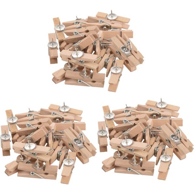 Push Pins with Wooden Clips Pushpins Tacks Thumbtacks, Paper Clips with Pins Natural Color 60Pcs