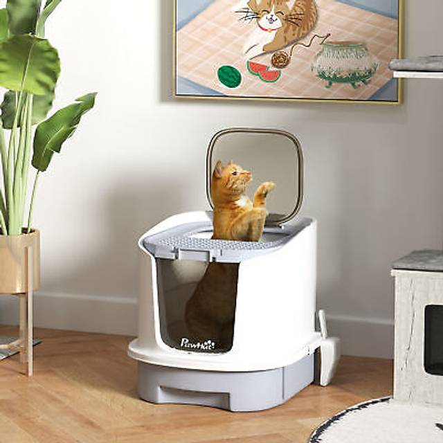 Pawhut Cat Litter Box With Lid, Scoop, Deodorization Bags, Top Entry, Cat Toilet Easy Clean With Drawer Pan, Grey
