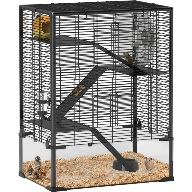 PawHut 4 Tiers Hamster Cage with Deep Tempered Glass Bottom - 60 x 40 x 80cm | TJ Hughes Black