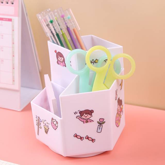 (Without stickers-WE) INS Rotating Pen Holder Home Office Makeup Box Stationery DIY Creative