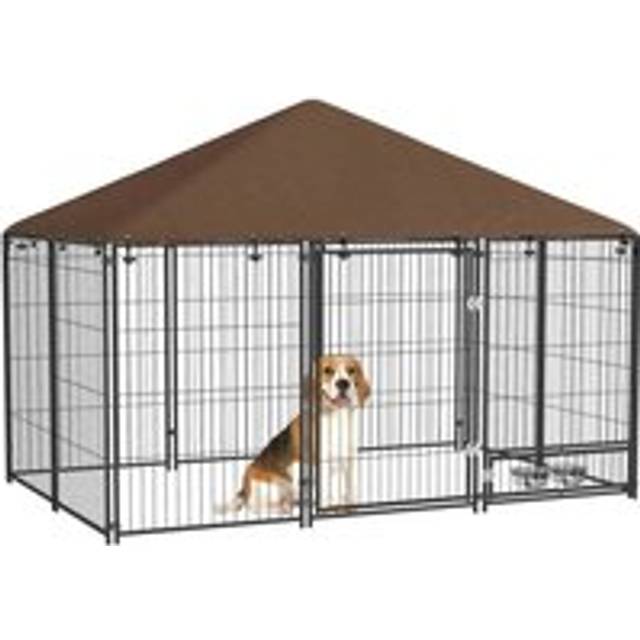 PawHut Outdoor Dog House Kennel with Canopy Top & Lock Rotating Bowl Holder | TJ Hughes Brown