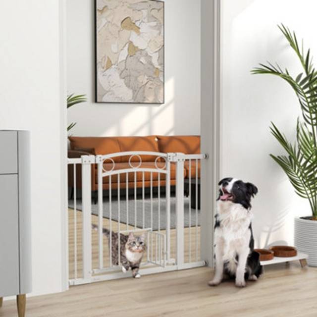 PawHut Stair Gate with Cat Door - Adjustable Width - White - 77cm | TJ Hughes