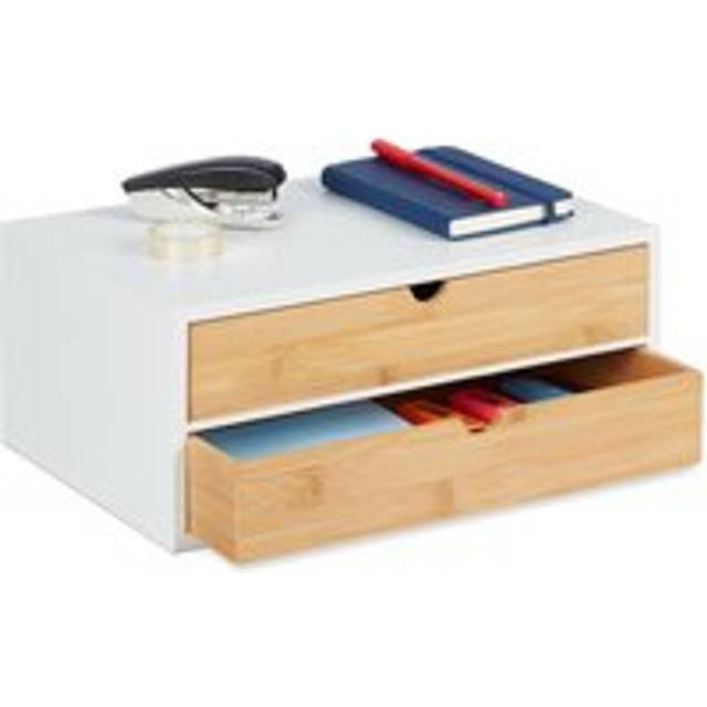 Relaxdays - Desk Organiser, 2 Drawers, for Office Supplies, h x w x d: 14 x 33 x 21 cm, Bamboo & mdf, White/Natural