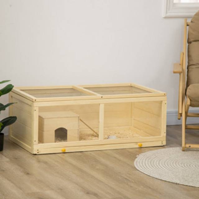 PawHut Wooden Hamster Cage with Sliding Tray - Openable Top - Hut - Natural wood finish | TJ Hughes