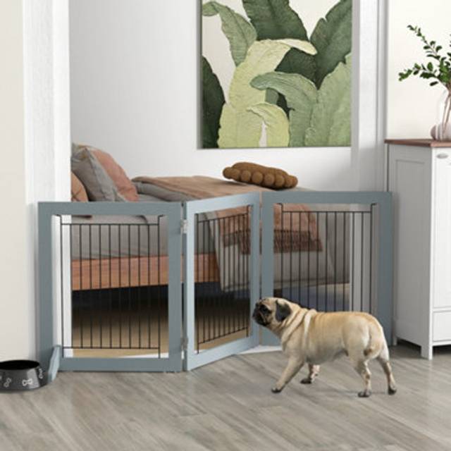 PawHut Foldable Wooden Pet Gate w/ 3 Panels 2 Support Feet for Small Dogs | TJ Hughes Grey
