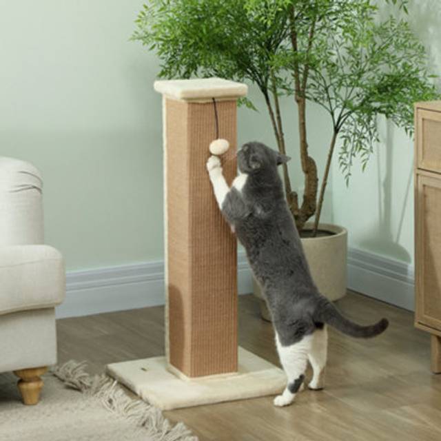 PawHut 81cm Cat Scratching Post w/ Jute Rope, Hanging Ball, Soft Plush Beige, Brown