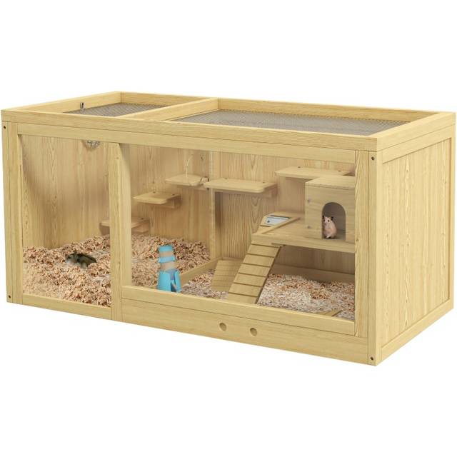 Wooden Hamster Cage with Water Bottle, Platforms, Openable Roof - Brown - One Size