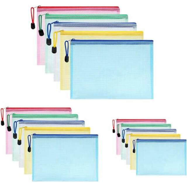 Vicloon Plastic Wallets, 15Pcs A4 A5 A6 Zip Lock Bags Mesh Document Wallet Document Folders Plastic Pockets Zipper File Wallet for School Office