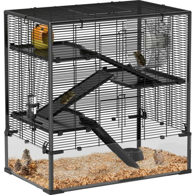 Pawhut 4 Tiers Hamster Cage With Deep Tempered Glass Bottom, Hut, Running Wheel, Food Dish, Water Bottle, 78.5 X 48.5 X 80cm