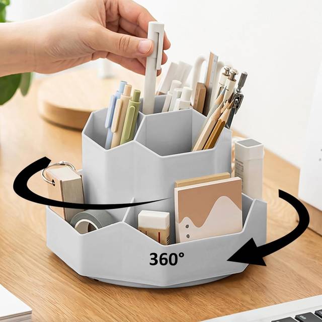 Pencil Pen Holder for Desk,9 Slots 360 Degree Rotating Desk Organizer, Desktop Storage Pen Organizers Stationery Supplies, Cute Pencil Cup Pot (Grey)