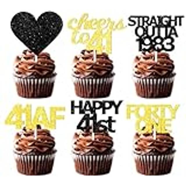 18pcs Black Gold Glitter Dessert Cupcake Pick for Straight Outta 1983 Cheer to 41 Years Old Theme Decor Supplies Happy 41st Birt