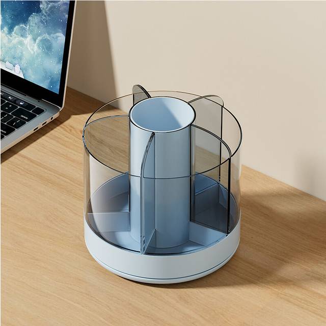 (Blue) 360 Rotating Pen Holder Large Capacity Pencil Storage Box Desktop Organizer