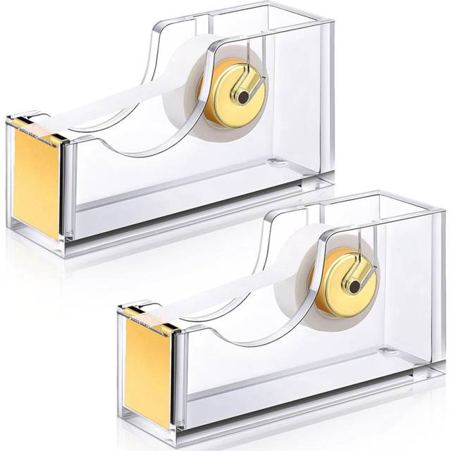 2 Pieces Acrylic Office Tape Dispenser Transparent Gold Holder Packing