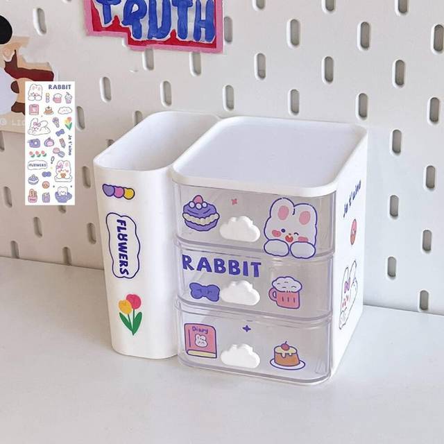 Small desk organizer with drawer, office supplies organizer, pen cup, pen holder, stationery organizer, cosmetic holder, makeup organizer