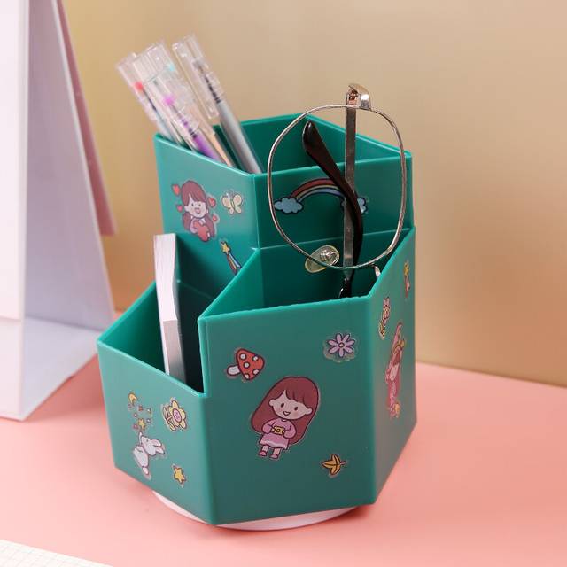 (Without stickers-GN) INS Rotating Pen Holder Home Office Makeup Box Stationery DIY Creative