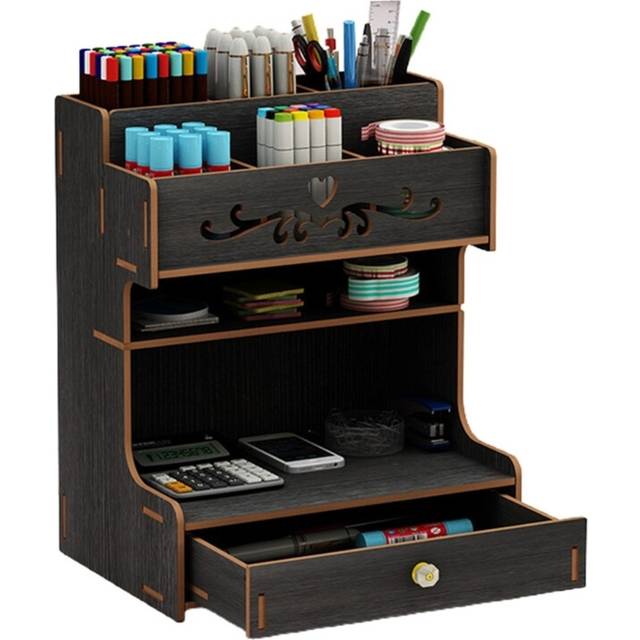 (J60A5AC502628-BK) Wooden Pen Holder with Drawer Organizer Rack Multi-Functional Desktop