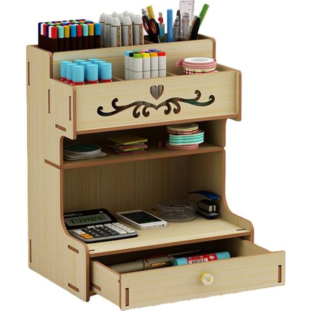 (J60A5AC502628-WE) Wooden Pen Holder with Drawer Organizer Rack Multi-Functional Desktop