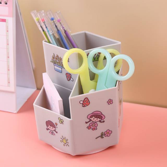 (Without stickers-GY) INS Rotating Pen Holder Home Office Makeup Box Stationery DIY Creative
