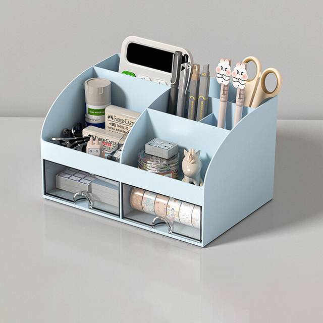 (blue) Multifunctional Desktop Storage Box With Drawers Pen Holder Stationery