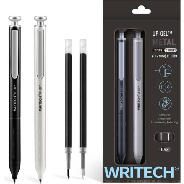 WRITECH Gel Pens Fine Point: Premium Metal Barrel Retractable 0.7mm Black Ink Pen 2ct with 2 Refills No Smear & Bleed Quick Dry Smooth Writing Silent