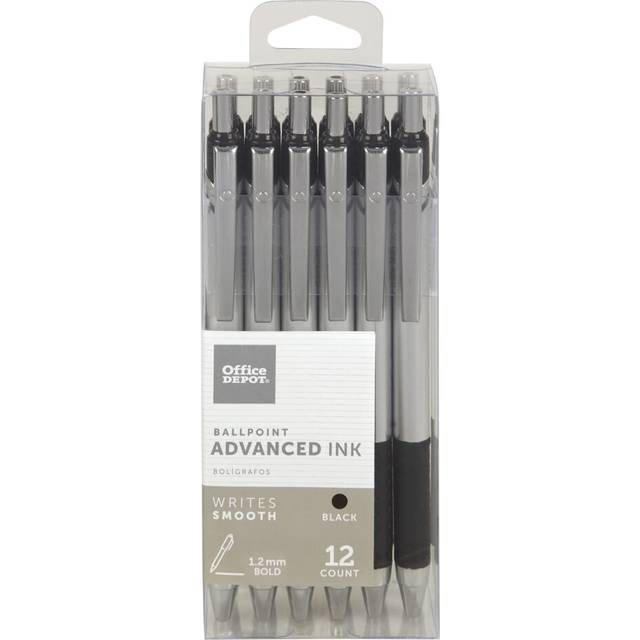 Office Depot Advanced Ink Retractable Ballpoint Pens  Bold Point  1.2 mm  Silver Barrel  Black Ink  Pack Of 12