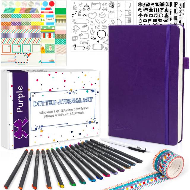 Feela Dotted Journal Set, 224 Numbered Pages Faux Leather A5 Grid Hard Cover Purple Notebook Planner with Index Inner Pocket, Abundant Accessories for