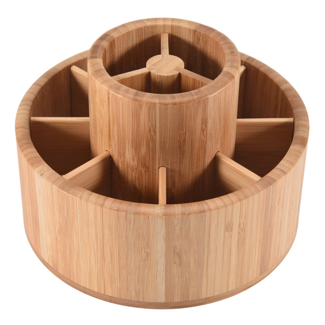 Bamboo Desk Storage Box Rotatable Pen Holder Stationery Storage Box 360 Degree Rotation for School Office