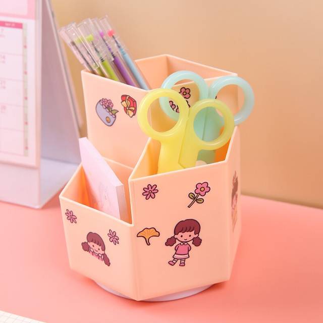 (Without stickers-PK) INS Rotating Pen Holder Home Office Makeup Box Stationery DIY Creative