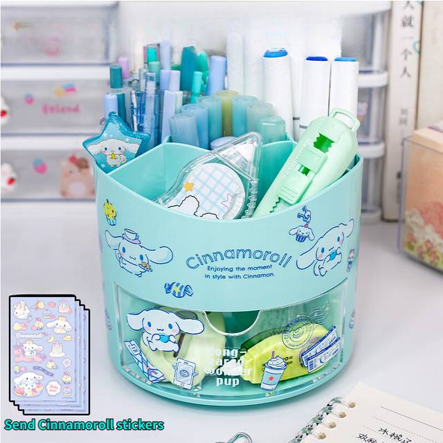 (Blue with stickers) Miniso Sanrio Rotating Pen Holder Storage Box Desk Organizer & Kawaii