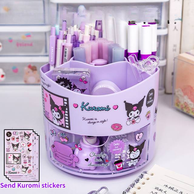 (Purple with stickers) Miniso Sanrio Rotating Pen Holder Storage Box Desk Organizer & Kawaii