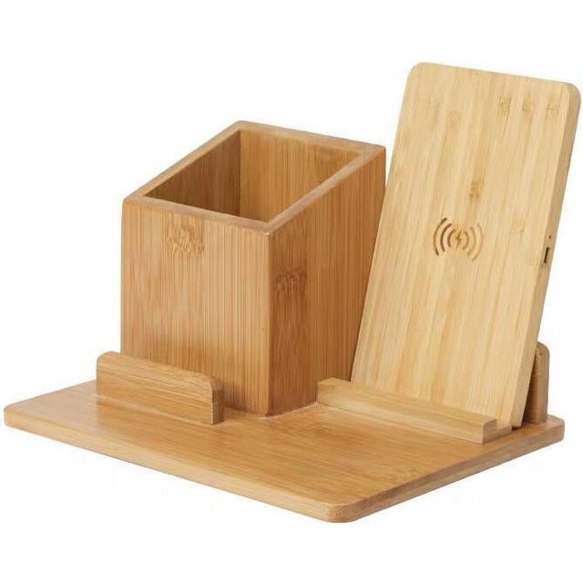 Bamboo Desktop Storage Box Office Pen Holder with Wireless Induction Charging