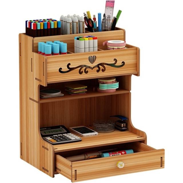 (J60A5AC502628-BN) Wooden Pen Holder with Drawer Organizer Rack Multi-Functional Desktop