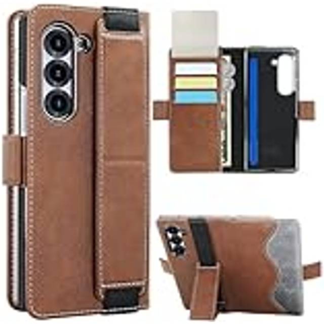 XIMAND för Samsung Galaxy Z Fold 6 plånboksfodral med 3 kortfack och kontanter, RFID-blockerande magnetisk stängning, blandade färgmönster och elastiskt band med stativ. Brun