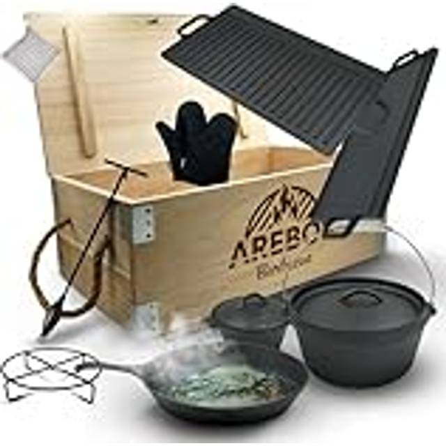Arebos - Dutch Over bbq Set made of cast iron with wooden box including protective glove