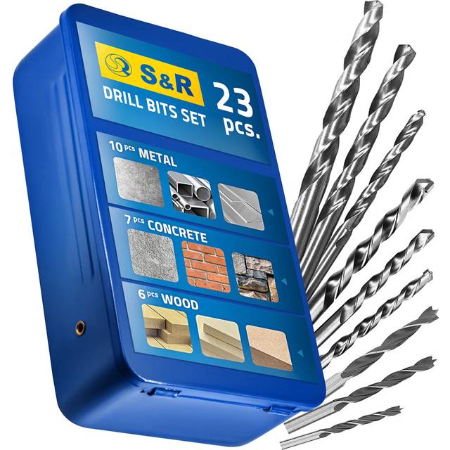 Drill bit set 23 pcs: 6 for wood, 10 for metal, 7 for concrete in metal box