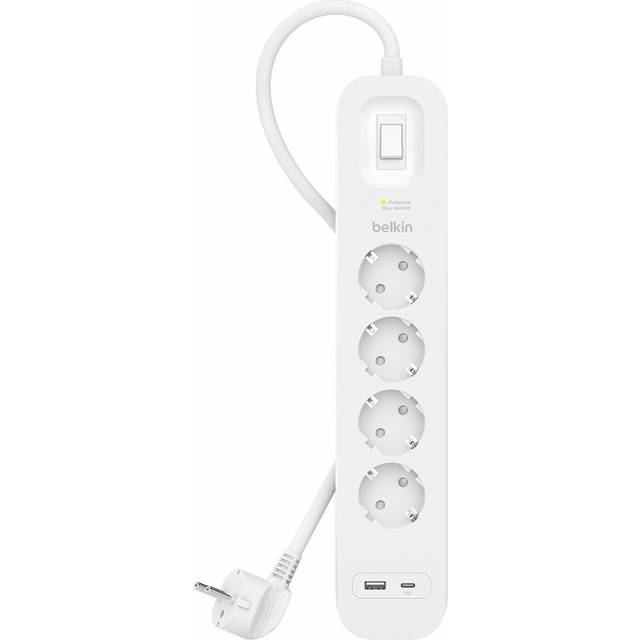 Belkin grenuttag överspänningsskydd med 4 eluttag, för väggmontering med 4 eluttag, 2 m strömsladd och grön indikeringslampa - USB-C och USB-A port med USB-C PD snabbladdning - 525 Joule skydd
