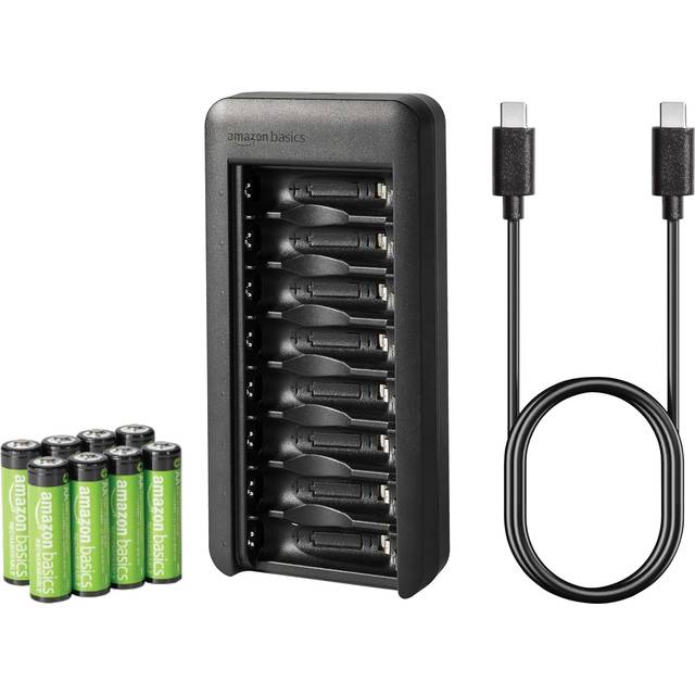 Amazon Basics Rechargeable AA NiMh Batteries with 8-Bay Battery Charger, USB-C Port, No AC Power Adapter, 8 Count (Pack of 1)