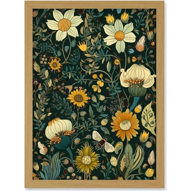 Bee Flying over Flower Wildflower Spring Field Artwork Framed Wall Art Print A4 - Grey - One Size
