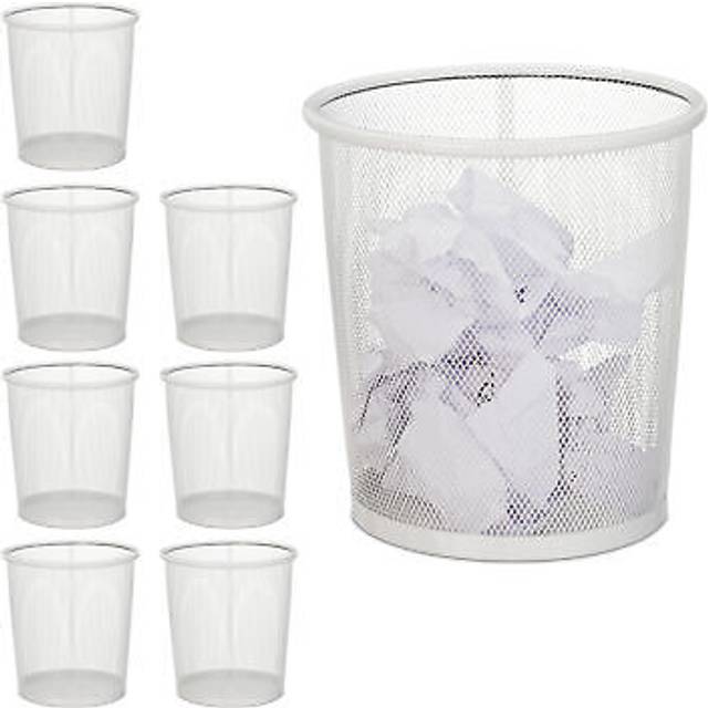Set of 8 Relaxdays Wastebaskets, Wastepaper Bin, Office & Home, Round, Wire Mesh, Metal, h x d: 24 x 23 cm, White