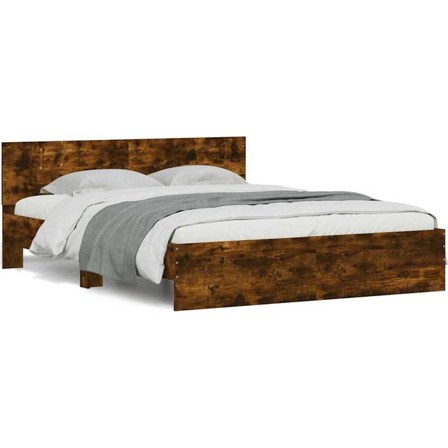 (smoked oak, 150 x 200 cm) vidaXL Bed Frame with Headboard and LED Bed Base Mattress Foundation Bedstead