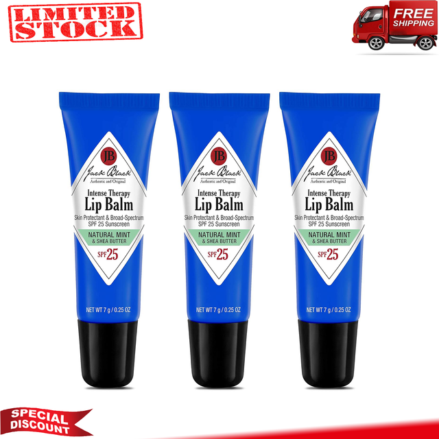 Jack Black Intense Therapy Lip Balm  0.25-Oz.  Pack of 3 - Natural Mint & Shea Butter  SPF 25 Sun Protection  Lip Moisturizer  Hydrating Lip Balm with