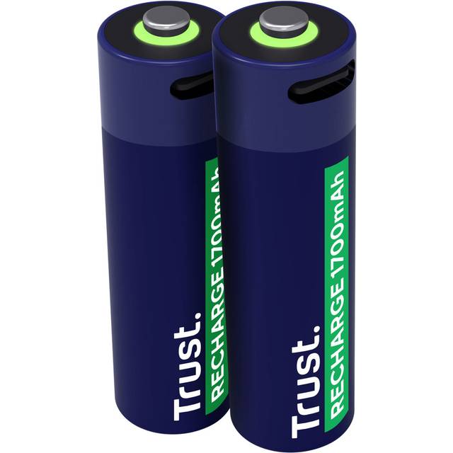 Trust USB-C uppladdningsbart batteri AA 2-pack, inbyggd USB C-port, ingen batteriladdare nödvändig, 1 700 mAh hög kapacitet dubbla AA-batterier via telefonladdare/USB-port, paket med 2