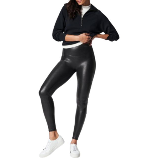 Spanx – Svarta leggings i petite med konturerande power-resår i midjan i läderimitation-Svart/a