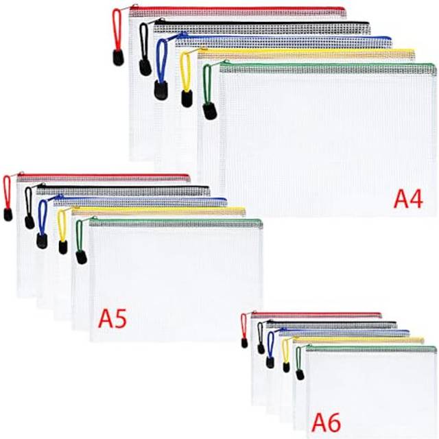 Vicloon Plastic Wallets, 15Pcs A4 A5 A6 Zip Lock Bags, Mesh Document Wallet Document Folders Plastic Pockets Zipper File Wallet for School Office